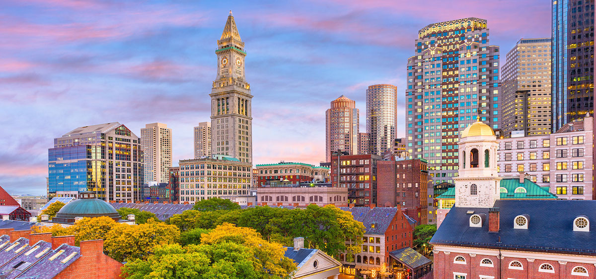 Boston skyline with tall buildings and trees