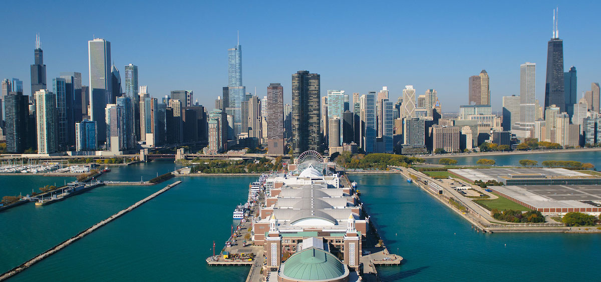 Greater Chicago skyline with a pier and buildings